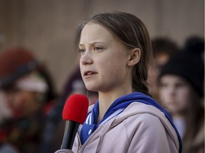Swedish teen activist Greta Thunberg speaks at Fridays For Future Denver Climate Strike on Oct. 11, 2019 at Civic Center Park in Denver, Colorado.