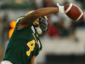 Edmonton Eskimos receiver Tevaun Smith (4) celebrates a touchdown on the B.C. Lions during a CFL football game at Commonwealth Stadium in Edmonton, on Friday, June 21, 2019.