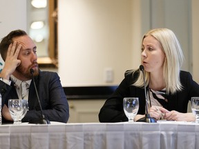 Journalists Justin Ling (left) and Jessikka Aro are seen during the Alberta Society for the Advancement of Ukrainian Studies and the Contemporary Ukraine Studies Program at the University of Alberta’s Canadian Institute of Ukrainian Studies (CIUS), conference titled “Russia’s Information Warfare: The Case of Ukraine in a Global Comparative Context at the Varscona Hotel in Edmonton, on Saturday, Oct. 12, 2019. Photo by Ian Kucerak/Postmedia