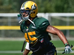 EDMONTON, ALTA: JUNE 24, 2015 -- Eskimos #45 Dexter McCoil, who was ranked 22nd on TSN's list of top-50 players in CFL, practicing at Fuhr Sports Park in Spruce Grove, June 24, 2015. This is in advance of their Saturday game against the Argonauts in Fort McMurray.