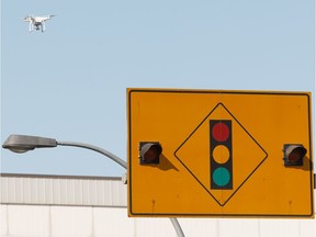 An Edmonton police drone hovers over 66 Street and Yellowhead Trail after a crash earlier this year. The city is putting in an overpass on 66 Street so traffic on the Yellowhead can flow freely.