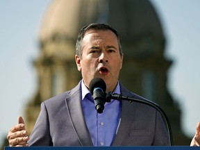 Alberta Premier Jason Kenney outside the Alberta Legislature in Edmonton on Wednesday August 7, 2019.