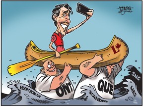 Justin Trudeau sails above scandals with the help of Ontario and Quebec. (Cartoon by Malcolm Mayes)