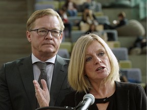 NDP advanced education critic David Eggen, left,  and Opposition Leader Rachel Notley say they're concerned about the effects if the government removes a tuition freeze that's been in place since 2015.