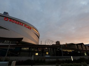 Rogers Place is seen at sunset as the Edmonton Oilers and Vancouver Canucks play during the Oilers home opener in Edmonton, on Wednesday, Oct. 2, 2019.