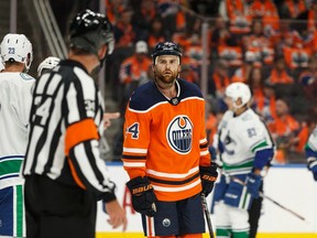 Edmonton Oilers' Zack Kassian (44) reacts to a call as the team plays the Vancouver Canucks in the first period at Rogers Place in Edmonton, on Wednesday, Oct. 2, 2019. Photo by Ian Kucerak/Postmedia