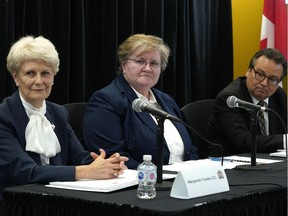 Alberta ethics commissioner Marguerite Trussler, left, Alberta public interest commissioner Marianne Ryan and Alberta auditor general Doug Wylie held a joint news conference in Edmonton on Friday Oct. 4, 2019 to discuss the findings from their respective independent investigations into the activities related to the International Centre of Regulatory Excellence (ICORE) at the Alberta Energy Regulator (AER). The investigations concluded that there was conflict of interest, gross mismanagement of public funds and critical oversight failures.