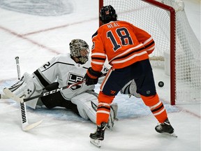 Edmonton Oilers James Neal scores on Los Angeles Kings goalie Jonathan Quick during first period NHL game action in Edmonton on Saturday, Oct. 5, 2019.