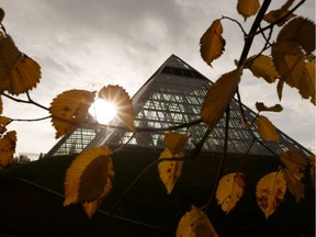 Rain moves into the area over the Muttart Conservatory in Edmonton, on Monday, Oct. 7, 2019. The botanical conservatory is under rehabilitation and is slated to re-open in 2021.