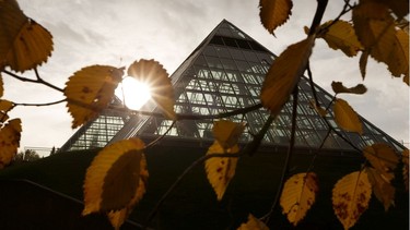 Rain moves into the area over the Muttart Conservatory in Edmonton, on Monday, Oct. 7, 2019. The botanical conservatory is under rehabilitation and is slated to re-open in 2021.
