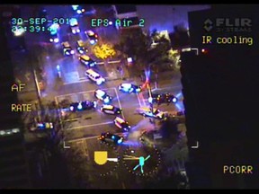 Aerial footage from the Edmonton police helicopter taken after police disabled a speeding U-Haul truck that struck four pedestrians. A police truck knocked the vehicle on its side using a PIT manoeuvre, a jury heard in court this week.   SUPPLIED PHOTO