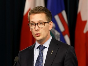 Service Alberta Minister Nate Glubish speaks about amendments to the Real Estate Act introduced in the Alberta Legislature in the Legislature media room in Edmonton, on Wednesday, Oct. 9, 2019.