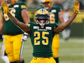 Edmonton Eskimos' Shaq Cooper (25) celebrates a touchdown on the BC Lions during first half CFL action at Commonwealth Stadium in Edmonton, on Saturday, Oct. 12, 2019.