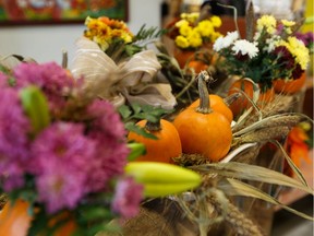 Stocks Berry Farms & Greenhouses Thanksgiving arrangements, seen at Bountiful Farmers' Market in Edmonton on Sunday, Oct. 13, 2019, are made with their pumpkins and fresh cut flowers. The market is open Fridays through Sundays from 9am – 5pm year round.