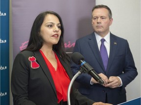 Community and Social Services Minister Rajan Sawhney, left, and Premier Jason Kenney announce the introduction of  a bill to help save the lives of people at risk of domestic violence on Wednesday, Oct. 16, 2019.