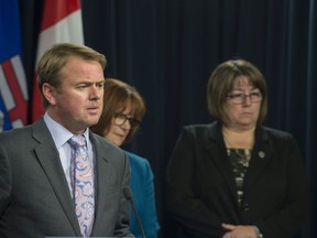 Health Minister Tyler Shandro outlined the expanded  role of licensed practical nurses in Alberta at the Alberta Legislature on October 17, 2019. On stage with him was Linda Stanger, CEO at College of Licensed Practical Nurses of Alberta and Valerie Paice, President, College of Licenced Practical Nurses of Alberta.