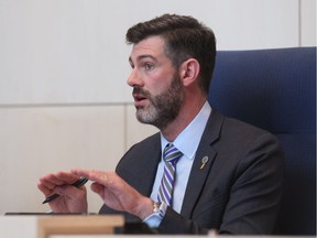 Mayor Don Iveson speaks during an emergency meeting called to discuss provincial cuts at City Hall in Edmonton, on Friday, Oct. 25, 2019.