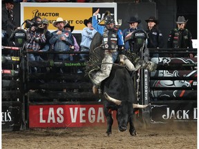 Dakota Buttar competes at a Professional Bull Riding event in Las Vegas, earlier this year.