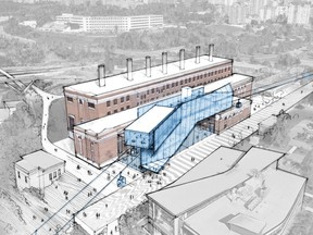 Drawing of a proposed gondola station next to the Rossdale Power Plant as part of Prairie Sky Gondola's plan for a gondola connecting Downtown and Old Strathcona.