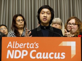 Timothy Lu, Grade 11 student at Old Strathcona School, speaks during an Alberta NDP press conference about education cuts at the Federal Building in Edmonton, on Wednesday, Oct. 30, 2019.