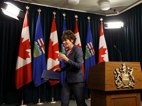 Alberta Energy Minister Sonya Savage speaks about oil by rail contracts during a press conference at the Alberta Legislature in Edmonton, on Thursday, Oct. 31, 2019.