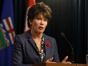 Alberta Energy Minister Sonya Savage speaks about oil by rail contracts during a press conference at the Alberta Legislature in Edmonton, on Thursday, Oct. 31, 2019.