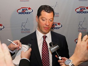 DETROIT, MI - DECEMBER 02: Bill Guerin, 18 year NHL veteran and Stanley Cup champion in 1995 and 2009, talks to the media at a meet and greet prior to his USA Hockey Hall of Fame induction at the Motor City Casino on December 2, 2013 in Detroit, Michigan.