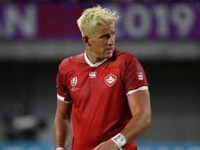 Canada's wing DTH van der Merwe reacts during the Japan 2019 Rugby World Cup Pool B match between South Africa and Canada at the Kobe Misaki Stadium in Kobe on October 8, 2019. (Photo by Filippo MONTEFORTE / AFP)