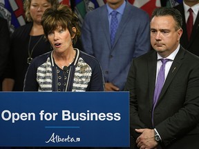 Alberta Energy Minister Sonya Savage, left, and associate minister of natural gas Dale Nally provide details of an initiative to help diversify Alberta’s energy sector at the Alberta legislature on Wednesday, Oct. 23, 2019.