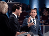 Justin Trudeau and Andrew Scheer argue a point as Elizabeth May listens during the Federal leaders debate in Gatineau, Que. on Oct. 7, 2019.