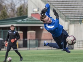 Goalkeeper Dylon Powley was practicing with fellow keeper Dylan James. FC Edmonton practiced at Clarke Stadium on May 9 2019, ahead of their Canadian Premier League home opener on Sunday against Pacific FC.