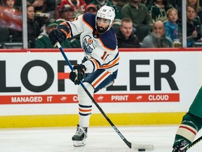 Edmonton Oilers forward Jujhar Khaira (16) shoots during the first period against the Minnesota Wild at Xcel Energy Center.