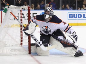 Edmonton Oilers goalie Mike Smith during NHL action on Oct. 12, 2019, against the host New York Rangers.