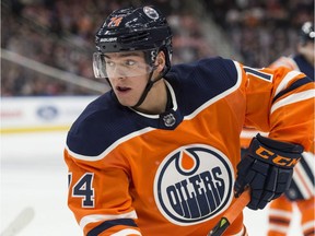 Ethan Bear of the Edmonton Oilers, playing the New York Rangers at Rogers Place in Edmonton on March 3, 2018.