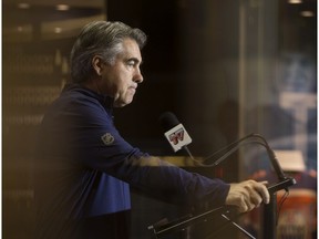 Head Coach Dave Tippett speaks to the media following an Edmonton Oilers practice at Rogers Place, in Edmonton Friday Oct. 4, 2019.