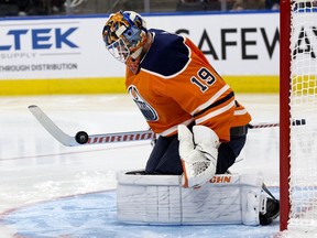 The Edmonton Oilers' goalie Mikko Koskinen (19) makes a save against the Philadelphia Flyers during third period NHL action at Rogers Place, in Edmonton Wednesday Nov. 16, 2019. The Oilers won 6-3. Photo by David Bloom