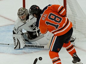 Edmonton Oilers James Neal scores the game winning goal on Los Angeles Kings goalie Jonathan Quick during third period NHL game action in Edmonton on October 5, 2019.