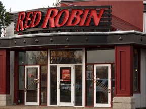 The Red Robin restaurant at 137 Avenue ant 50 Street is seen in Edmonton on Monday, Oct. 21, 2019. According to the company, Red Robin restaurants are being closed across the province in December.