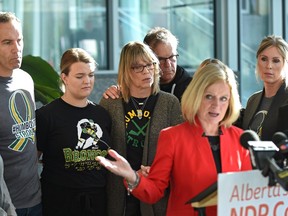NDP Leader Rachel Notley joined several families who lost loved ones in the 2018 Humboldt bus tragedy, to call on the UCP government to cancel plans to exempt truck and bus drivers from critical new safety standards, in Edmonton, October 16, 2019.
