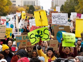 Edmontonians rally during the Global Climate Strike at the Alberta Legislature in Edmonton, on Friday, Sept. 27, 2019. Thousands of students across the country joined together to call for action on climate change.