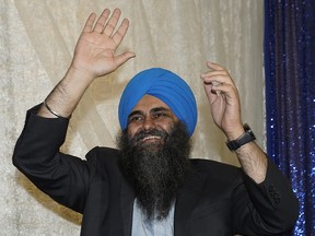 Tim Uppal, Conservative Party of Canada candidate for Edmonton-Mill Woods, celebrates after defeating incumbent Amarjeet Sohi (Liberal Party of Canada) in the federal election on October 21, 2019. The Liberal Party of Canada won the federal election and will form a minority government. (PHOTO BY LARRY WONG/POSTMEDIA)