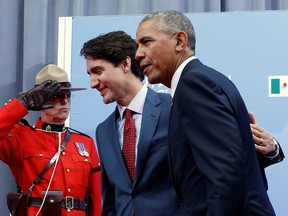 Prime Minister Justin Trudeau greets U.S. President Barack Obama as he arrives for the North American Leaders' Summit in Ottawa, Ontario, Canada, June 29, 2016. File photo.