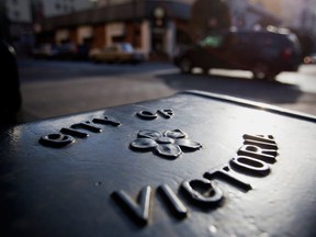 The City of Victoria logo on a garbage bin in downtown Victoria, B.C.