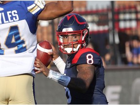 Montreal Alouettes quarterback Vernon Adams Jr. looks for receiver during first half CFL action in Montreal on Saturday September 21, 2019.