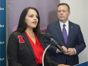 Community and Social Services Minister Rajan Sawhney, left, with Premier Jason Kenney.