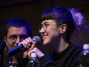 Lucy Moss, co-creator and director of the musical Six, takes part in a cast question and answer at the Citadel Theatre. At left is Six co-creator Toby Marlow.