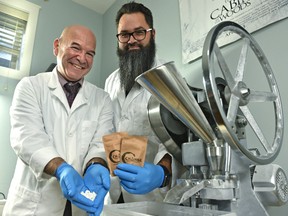 Next to the tablet press, Change Toothpaste Founders Mike Medicoff (L) and Damien Vince are launching a zero-waste, all natural alternative to traditional toothpaste in Edmonton, November 28, 2019.