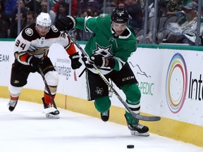 DALLAS, TEXAS - OCTOBER 24: Andrej Sekera #5 of the Dallas Stars skates the puck against the Anaheim Ducks in the second period at American Airlines Center on October 24, 2019 in Dallas, Texas.