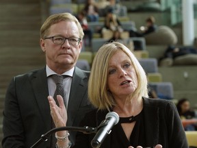 Rachel Notley, (right, Leader of Alberta's Official Opposition NDP), and David Eggen, (left, MLA for Edmonton-Northwest and NDP Advanced Education Critic), speak about tuition hikes in Alberta on Wednesday Oct. 2, 2019 at the University of Alberta.