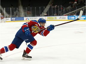 Edmonton Oil Kings' Vladimir Alistrov (10) fires a monster slapshot on Portland Winterhawks' goaltender Joel Hofer (not shown) during WHL hockey action at Rogers Place in Edmonton, on Sunday, Oct. 13, 2019. Photo by Ian Kucerak/Postmedia